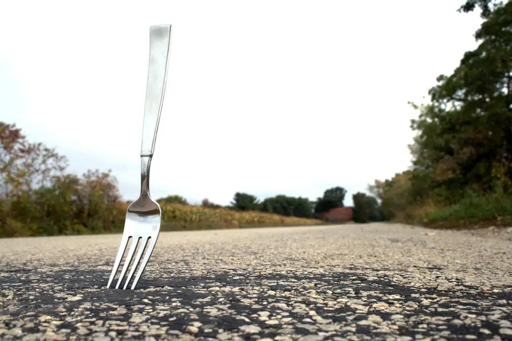Fork in the road A fork in the road - literally a piece of cutlery sticking out of the tarmac